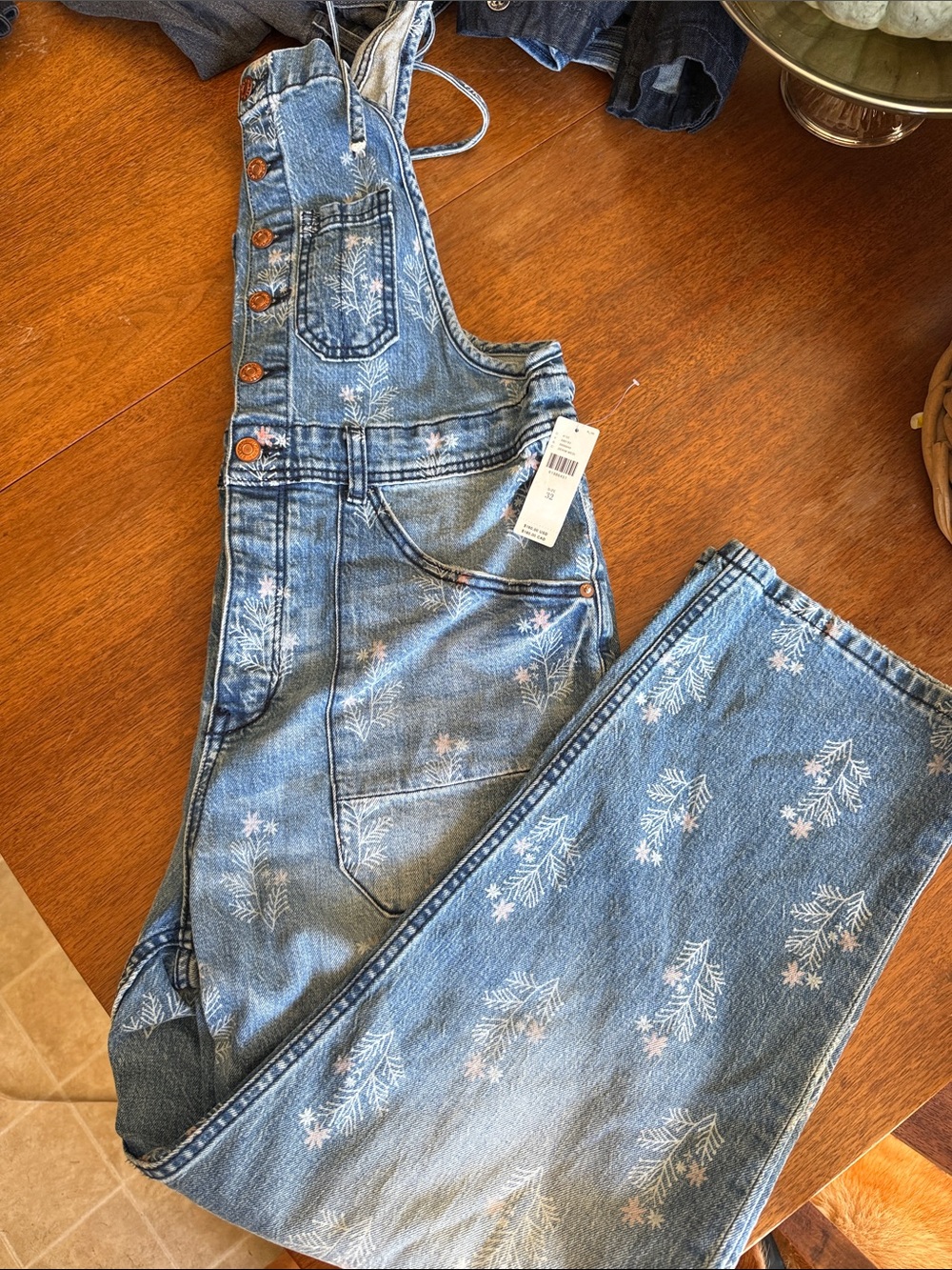 Anthropologie Light Blue Floral-Print Denim Overalls